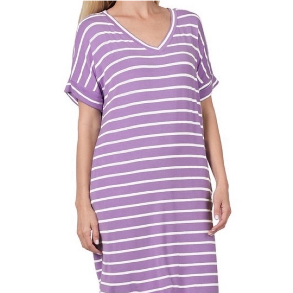 Lilac Stripe Rolled Short Sleeve V-Neck Dress